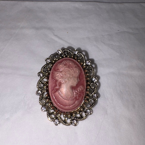 Jewelry - Vintage Cameo Brooch with Pink and Gold Accents